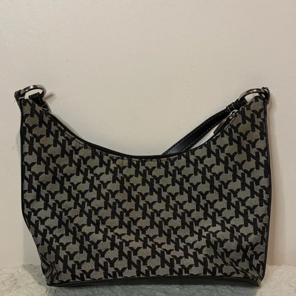 New York & Company- Vintage Black and Gray Patterned Logo Shoulder Bag Y2K